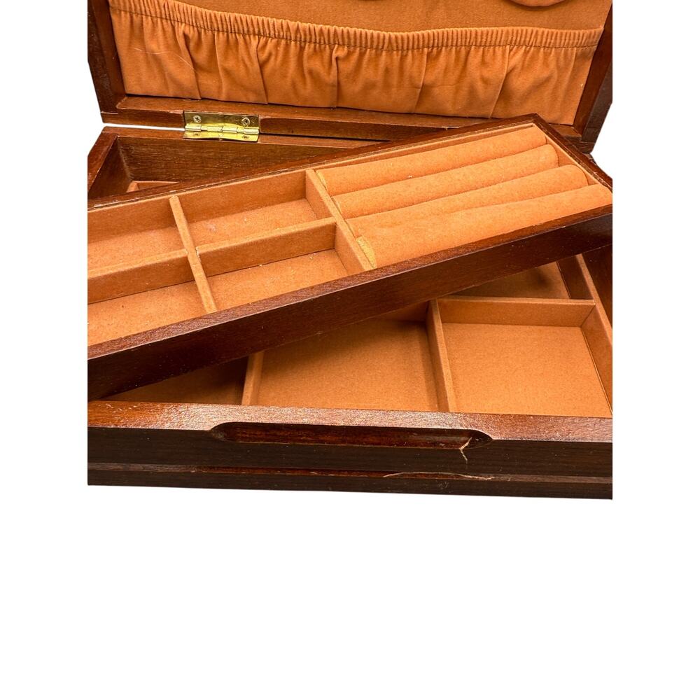 💍 Vintage Wooden Jewelry Box Tan Velvet Lined Necklace Ring Storage Organizer - Picture 2 of 7